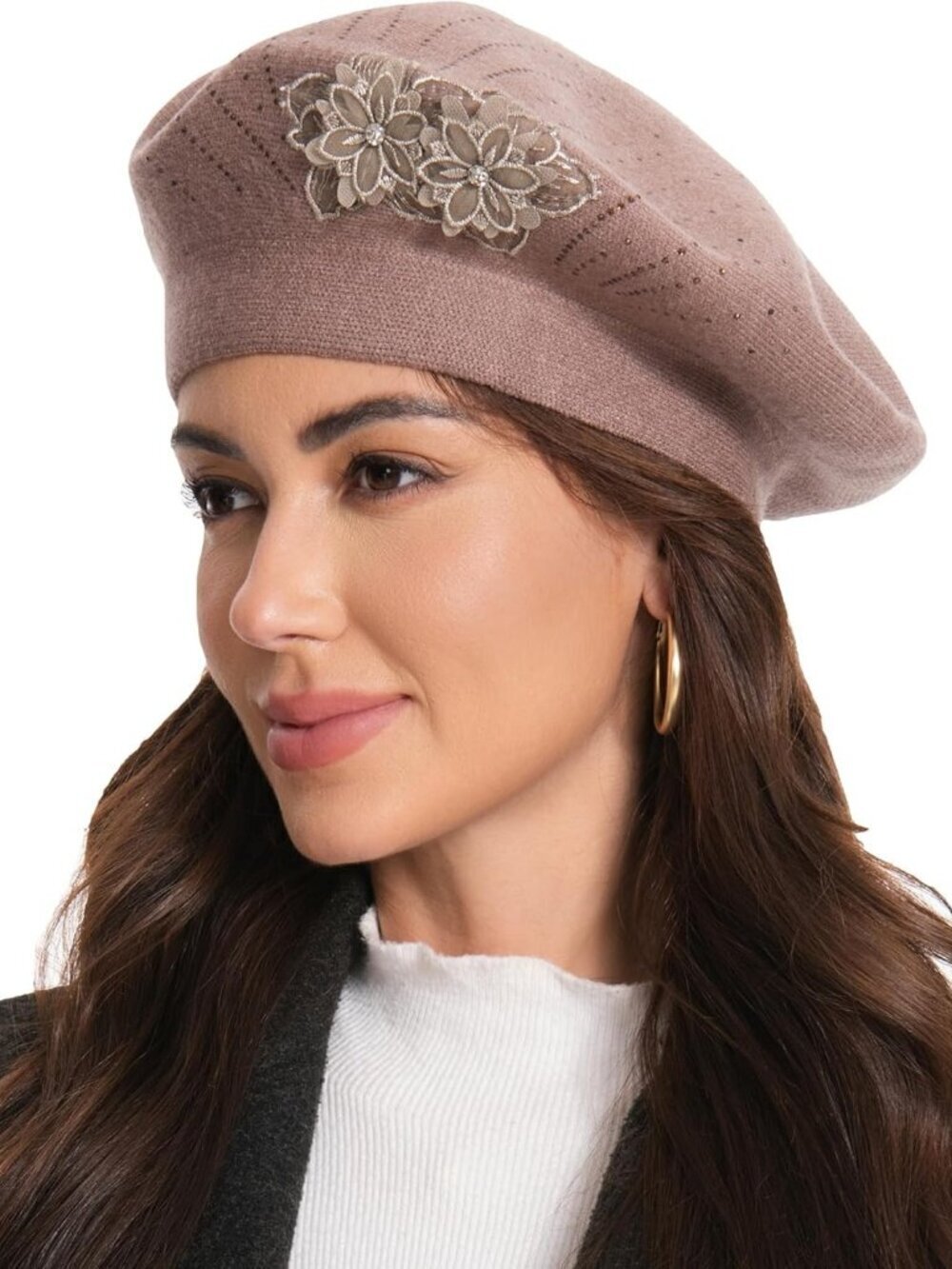 Women's French Style Flower Knitted Embroidery Beret Hats Khaki 2 Flowers